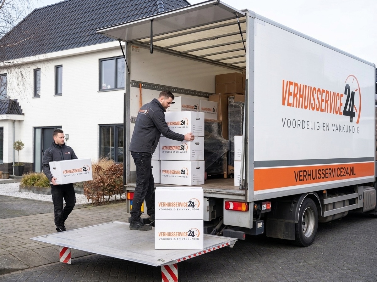 Verhuizers van Verhuisservice24 laden dozen in de bakwagen